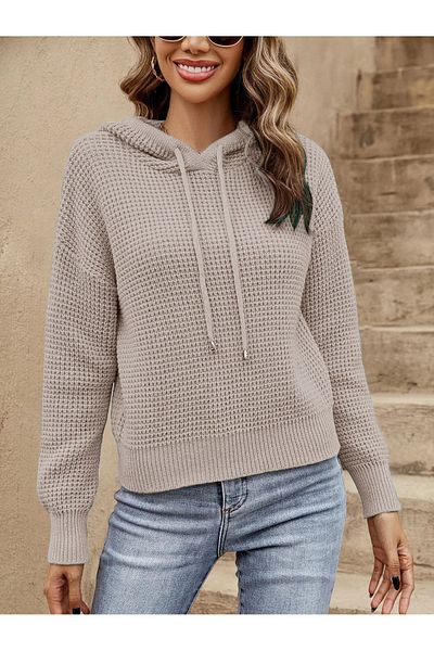 citystyle Long Sleeve Round Neck Knitwear Sweater - Hooded and Stone Colored