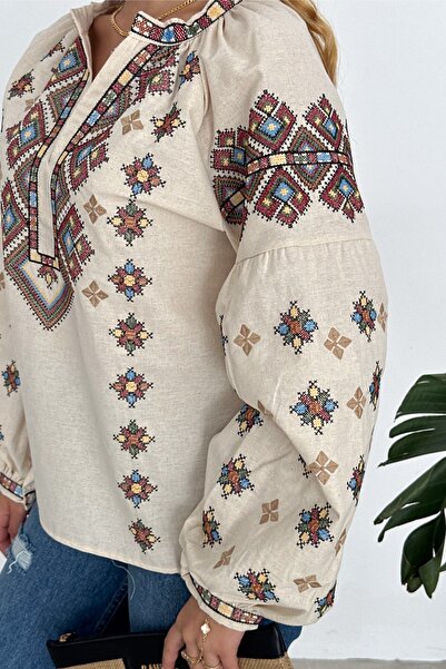 FEMELLE Beige Embroidered Ethnic Patterned Cotton Women's Blouse