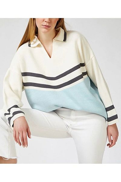 TRQOM Pulover tricot cu guler polo afumat Ecru Baby Blue - Detaliu dungi