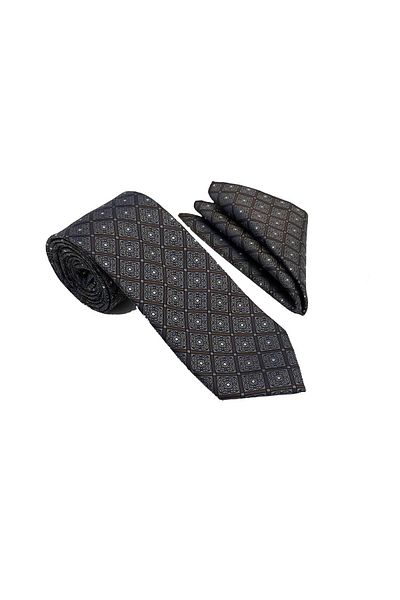 Brianze Brown Square Patterned Tie and Handkerchief Set
