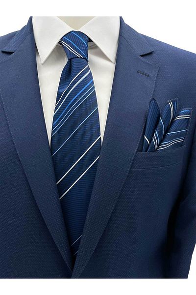 Brianze Navy Blue White Blue Striped Tie Handkerchief Set