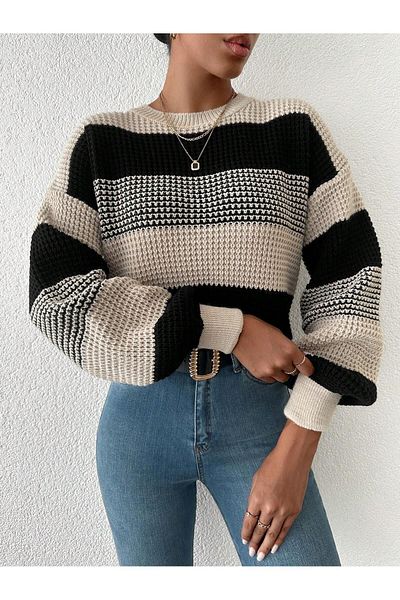 citystyle Pulover Tricotaj Negru/Stone Block - Decolteu Crew Femei