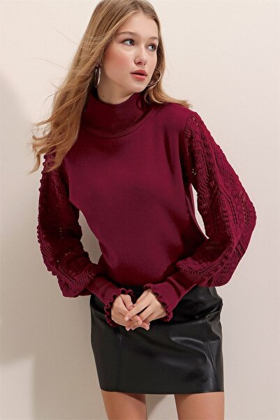 citystyle Kadın Bordo Yarım Balıkçı Kolu Dantel Detaylı Kazak