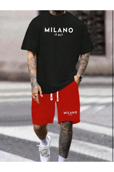 NO 601 Tricou negru cu imprimeu Milano pentru bărbați Set scurt din bumbac pieptănat roșu