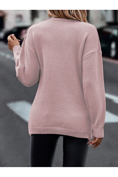 citystyle Pulover de culoare pudra cu rever dublu și model de execțiune Tricoturi împletite cu păr Tunica