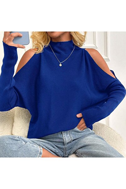 TRQOM Decolteu albastru Saks cu umeri - Maneci cu detaliu decoltat