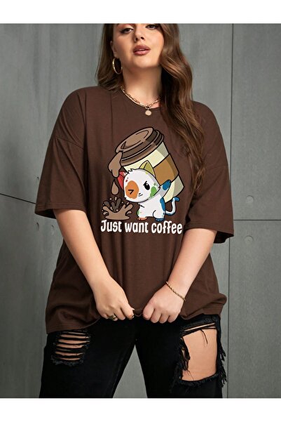 MODAVİBE Γυναικεία - Μπλουζάκια μεγάλου μεγέθους με στάμπα καφέ Modavibe