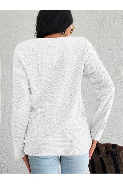 citystyle White V-neck Stretchy Rice Knit Sweater - Comfortable Fit