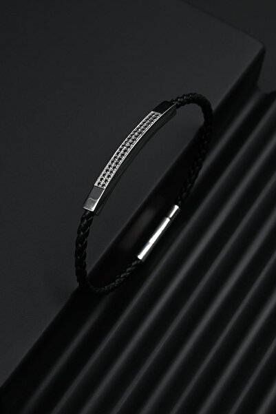 FRNCH 316L Çelik İtalyan Model Zirkon Taşlı Gümüş Renk Deri Erkek Bileklik FR...