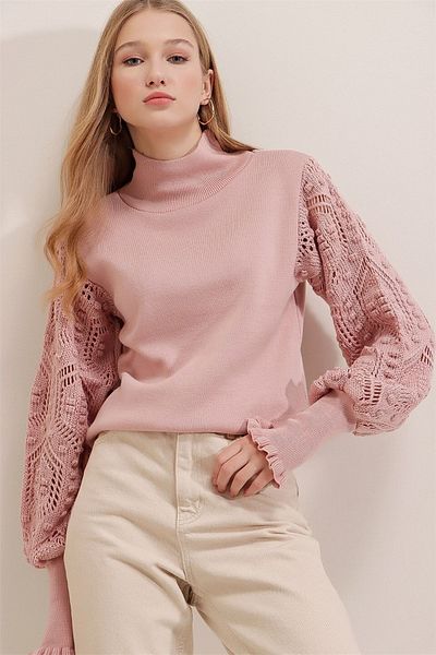 citystyle Pulover de damă de culoare pudra - jumătate de gât țesut, detaliu din dantelă
