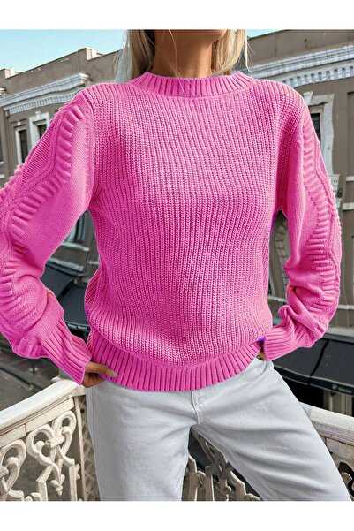 citystyle سترة تريكو محبوكة باللون الفوشيا - رقبة دائرية وأكمام