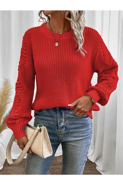 TRQOM Pulover tricotat roșu Selanik cu guler rotund - Motiv cu mâneci