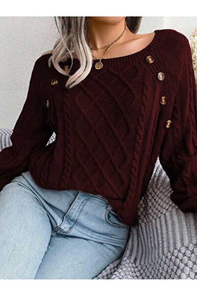 citystyle Πλεκτό πουλόβερ μπορντό - λαιμόκοψη, μοτίβο πλεξούδας μαλλιών και λ...