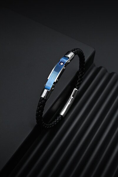 FRNCH 316L Çelik İtalyan Model Siyah-Lacivert Renk Deri Erkek Bileklik FRJ122...