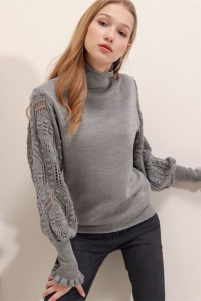citystyle Pulover de damă cu mâneci pe jumătate din dantelă gri