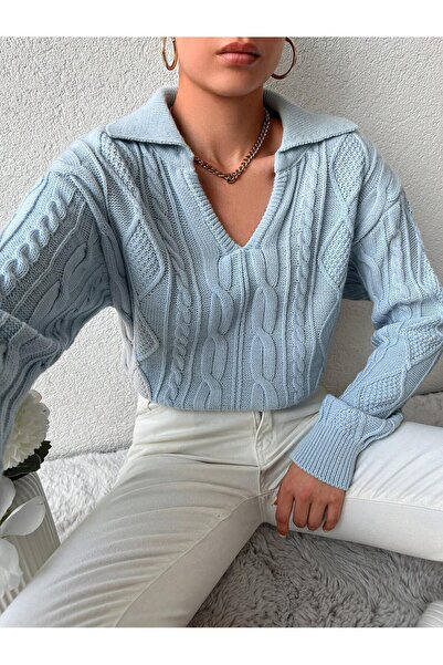 citystyle Pulover de tricotaj albastru baby cu decolteu în V - model tricotat