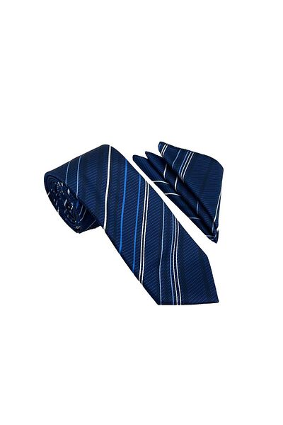 Brianze Navy Blue White Blue Striped Tie Handkerchief Set