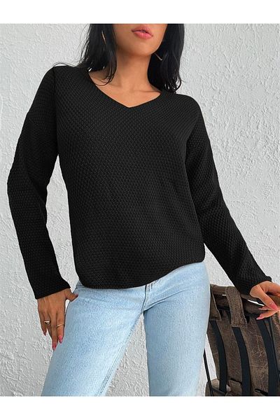 TRQOM Pulover negru din tricot orez cu decolteu în V, elastic și confortabil