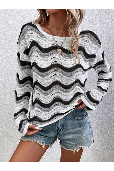 citystyle Pulover ajurat pentru femei negru/alb/gri - decolteu, model ondulat