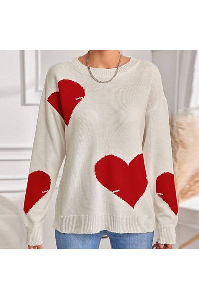 TRQOM Pulover de damă din tricotaje cu model de inimă albă - decolteu