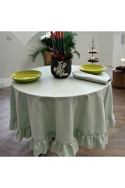 NDC HOME Premium Linen Green Sage - Στρογγυλό τραπεζομάντιλο με βολάν