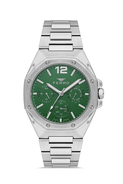 FERRO Men's Wristwatch - Quartz, Steel Grey Green, Dial Function, 42 mm