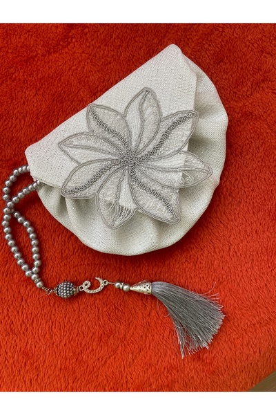 Acurmans İkili Vav'lı Püsküllü incili Namaz Tesbih ve Kesesi (Gri Simli Garde...