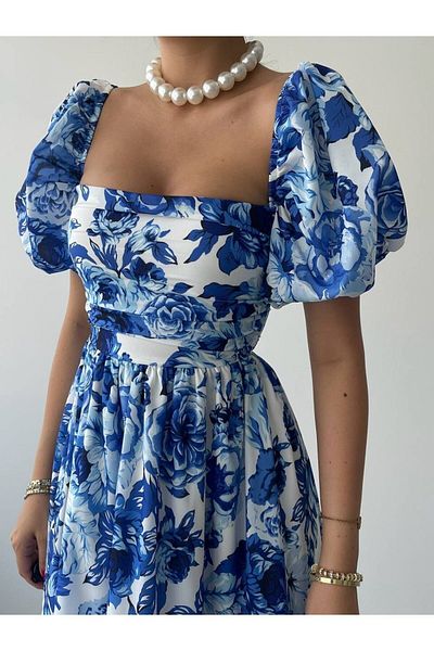 lovebox Rochie midi pentru femei, cu decolteu pătrat și cu mâneci tip bule, albastru și alb, cu imprimeu floral 006