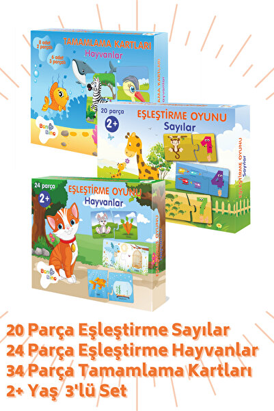 Bonkido 3'lü Set 2+yaş Eşleştirme Oyunu Sayılar Ve Hayvanlar, Tamamlama Kartl...