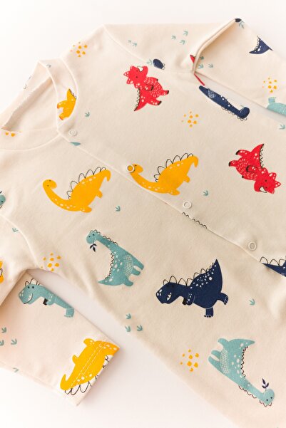 LAVORE Cream Dinosaur Patterned 100% Cotton Jumpsuit with Booties