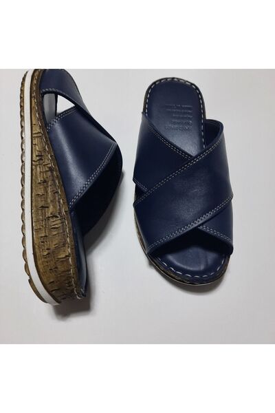 KAPAR Синій колір 100% натуральна шкіра Зручні широкі капці - Зшиті поперечні ремінці