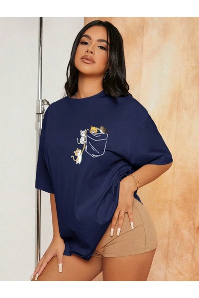 FECCY Tricou de damă din bumbac oversize, cu imprimeu pisică, albastru marin ...