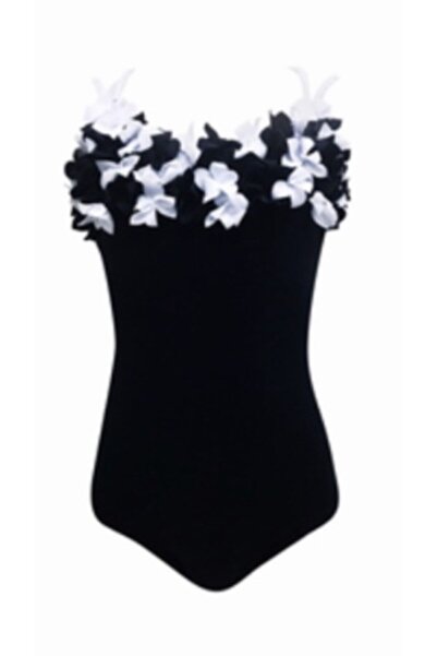 LOOK ME Siyah Beyaz Çiçek Aplikeli 50uv Kız Çocuk Mayo By Nessi Byrd