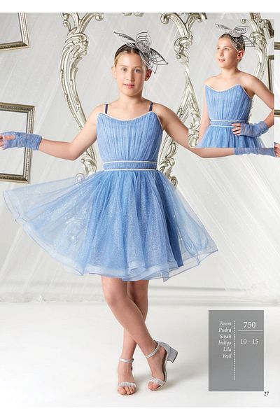 Erkut Μπλε Glittery Tulle Fabric - Κοντό βραδινό φόρεμα για κορίτσια