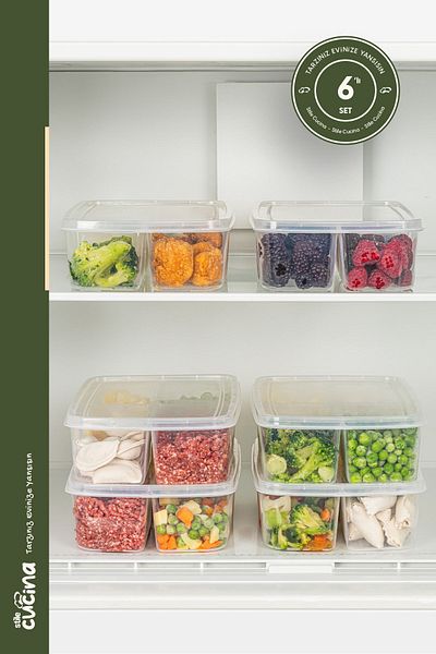 Stile Cucina 1 Liter 6 Pieces Transparent Deep Freezer and Refrigerator Organizer - 4 Compartments with Lids