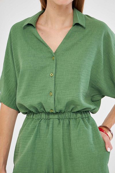 armonika Green Shirt Collar Short Jumpsuit - Pockets, Women's, Arm-24y 001113