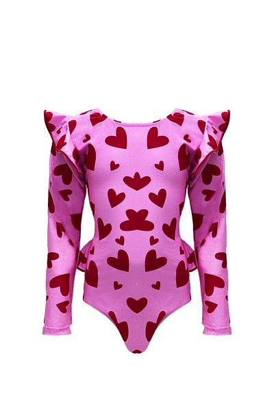LOOK ME Crew Neck Heart Print Ruffle Detailed Pink 50Uv Long Sleeve Girls' Swimsuit by Nessi Byrd