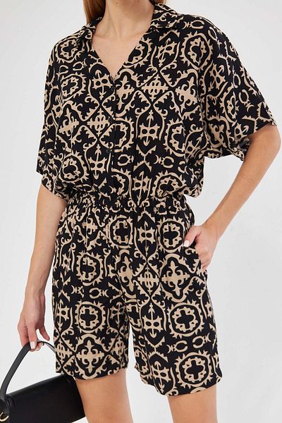 armonika BlacK-beiGe Patterned Short Jumpsuit - Shirt Collar, PocKet - ARM-24Y 001023