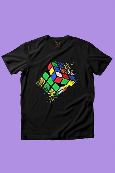 WİDİ Tricou negru pentru fete și băieți, 100% bumbac, cu imprimeu Rubik's Cube