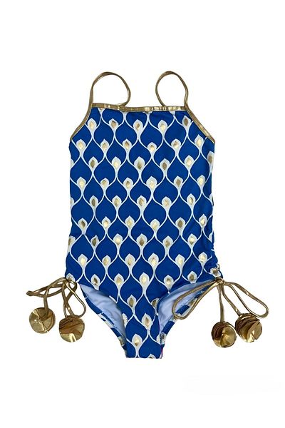 LOOK ME Costum de baie Nessi Byrd cu bretele albastre 50uv - model Ikat, detaliu auriu și șireturi