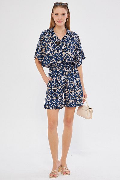 armonika DarK Blue Patterned Short Jumpsuit - Shirt Collar, PocKet - ARM-24Y 001023