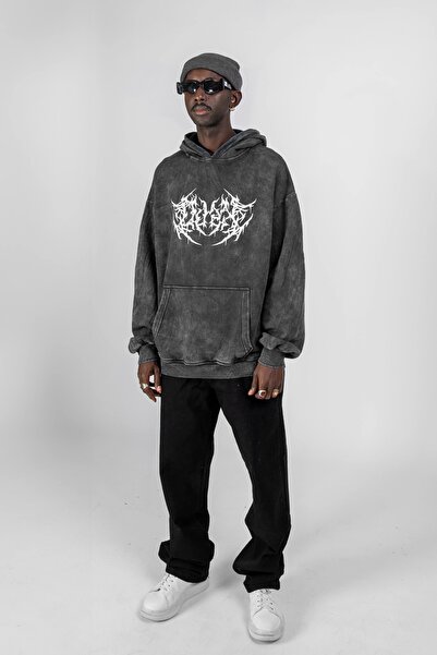 Sekizbiraltı Yıkamalı Siyah Dusk Baskılı Oversize Unisex Hoodie