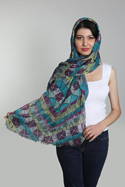 Mystic Mavi Desenli Pamuklu Viskon Şal Eşarp