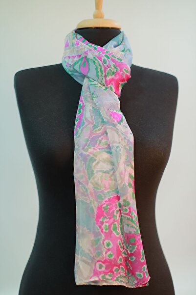 Mystic Su Yeşili Pembe Bej Ipek - Şifon Eşarp Şal