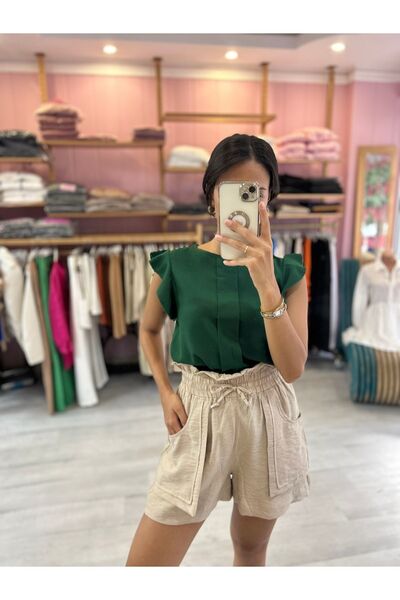 GLAMIFY FASHION Yuvarlak Yaka Fırfırlı Kısa Kol Önü Bloklu Rahat Kesim Düğme ...