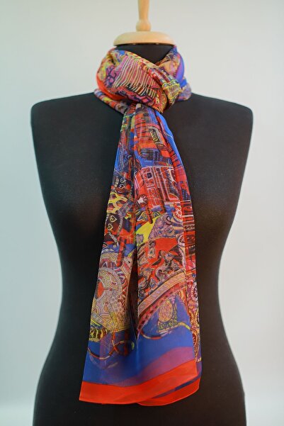 Mystic Kırmızı Lacivert Gold Ipek - Şifon Eşarp Şal