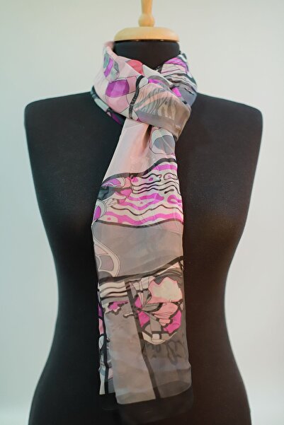 Mystic Siyah Gri Pembe Ipek -şifon Eşap Şal