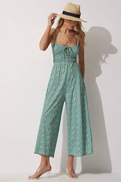 Namaste Vintage Yeşil renk çiçek desenli askılı, büzgülü lastikli tulum (L/XL)
