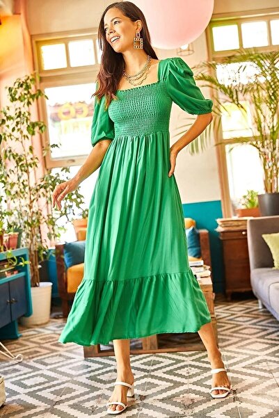 KaSheHa Yeşil Kare Yaka  Gipeli Balon Kol Bodrum Uzun Elbise