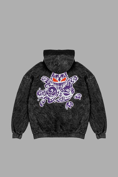 Sekizbiraltı Πλυμένο μαύρο Y2k Gengar Back Printed Oversize Unisex Hoodie